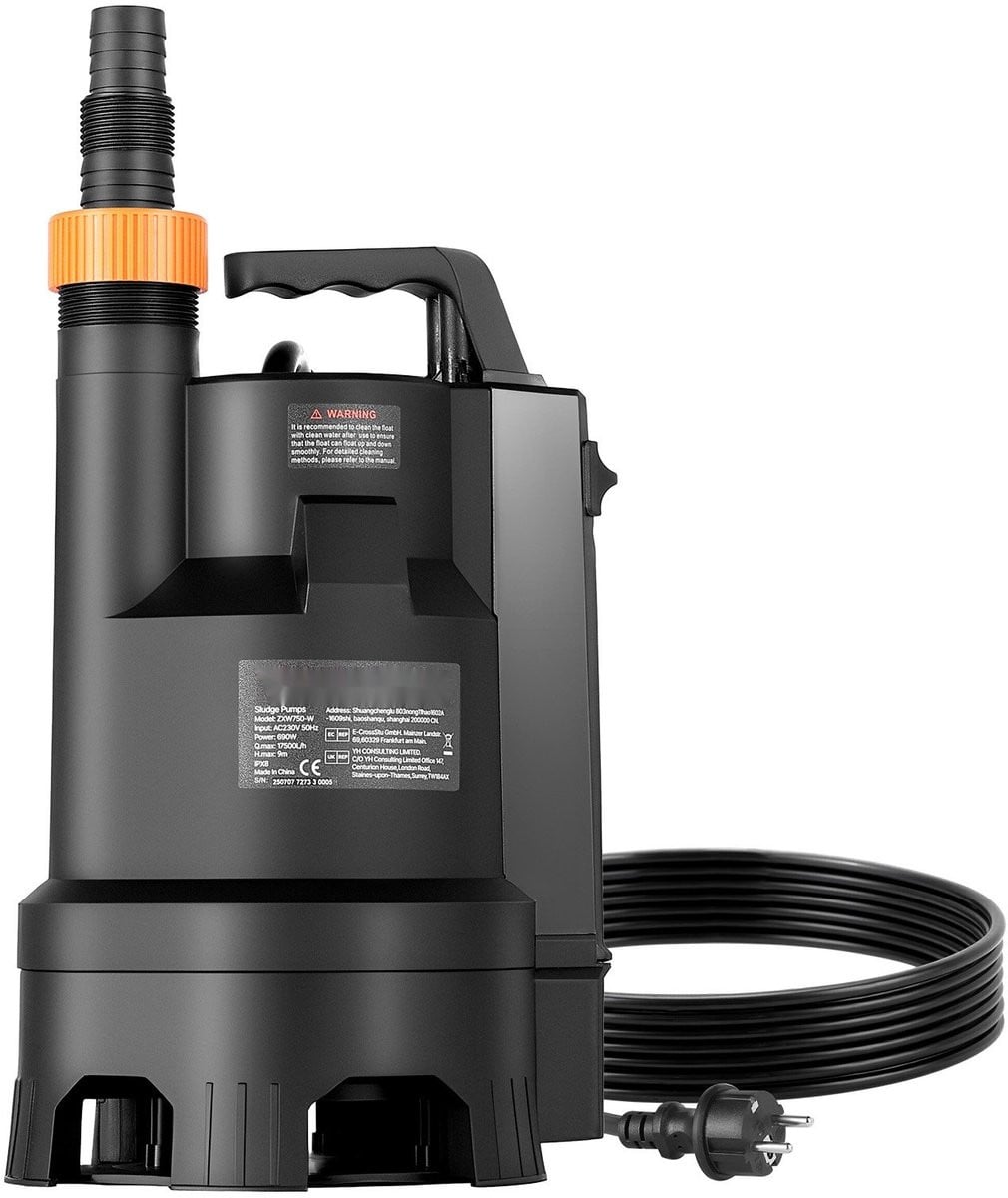 Dompelpomp voor vuil en schoon water met automatische vlotter, 690 W, 17500 l/u capaciteit, 9 m opvoerhoogte, zwart