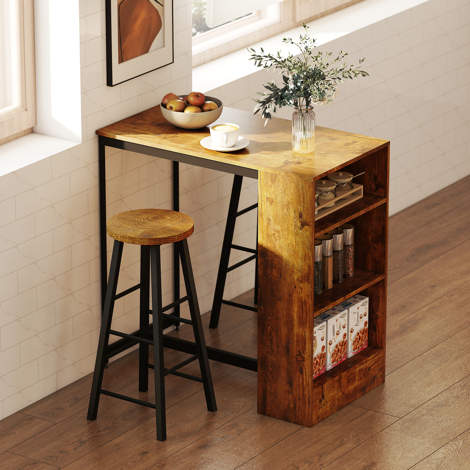 Homcom Set da Pranzo con Bancone Bar con 3 Ripiani e 2 Sgabelli Alti con Poggiapiedi Stile Industriale, Marrone