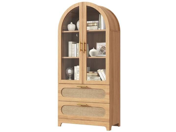 Vitrine bibliothèque rétro style Montmartre 175×80×40cm aspect chêne avec arche décorative 2 tiroirs et étagères réglables