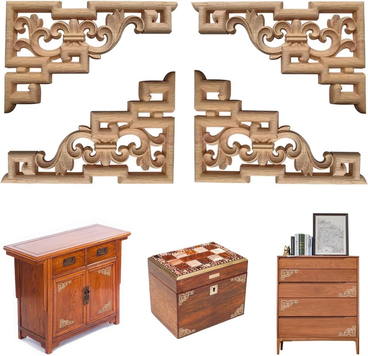 Set van 4 Vintage Houten Ornamenten - Decoratieve Houtsnijwerk Applicaties voor Meubels en Muurdecoratie