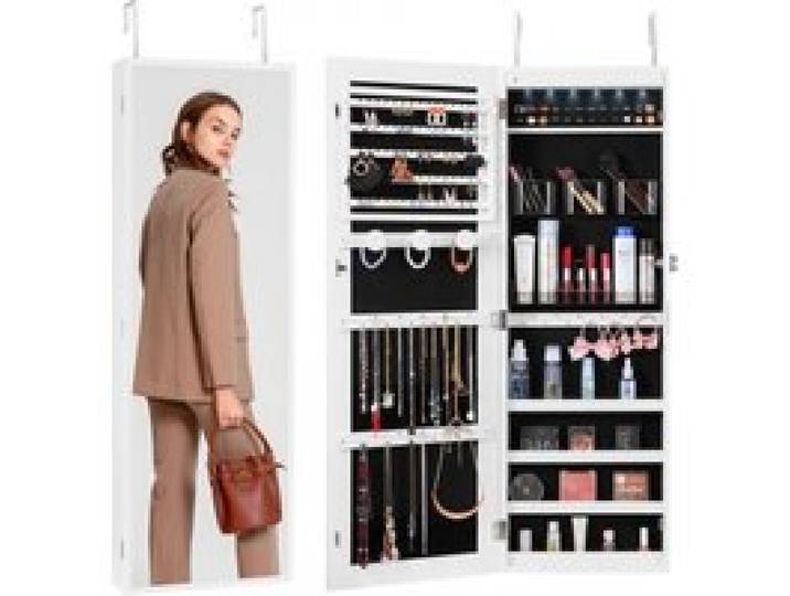 VEVOR Armoire à Bijoux Mural 108 cm, Organisateur de Bijoux avec Miroir et LED Intérieur, Meuble de Rangement Mural pour Bijoux Verrouillable, Fixé au Mur ou à la Porte, Doublure en Velours, Blanc
