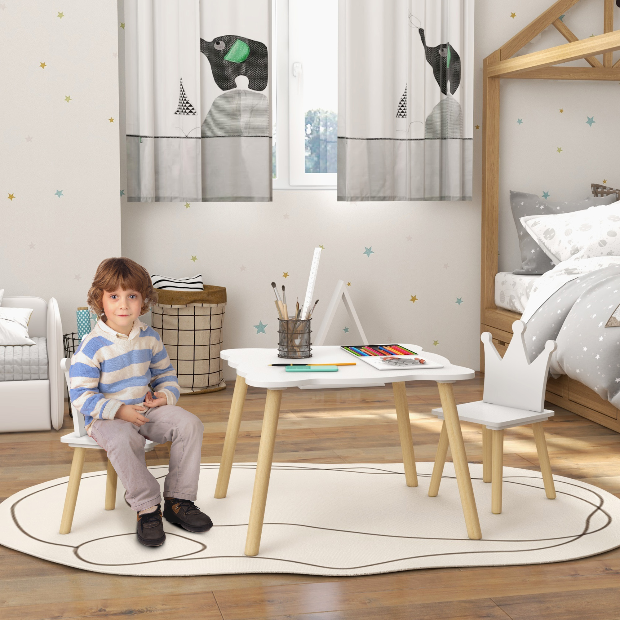 Aiyaplay Set Tavolo e 2 Sedie per Bambini con Schienale a Corona, Età 3-6 Anni, Bianco