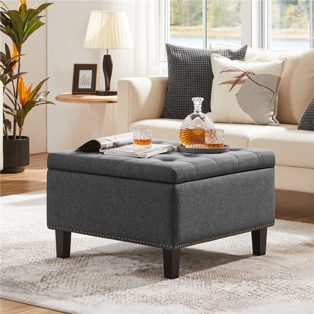 Yaheetech 70.5cm Wide Tufted Square Ottoman with Storage Dark Grey 45cm H X 70.5cm W X 70.5cm D