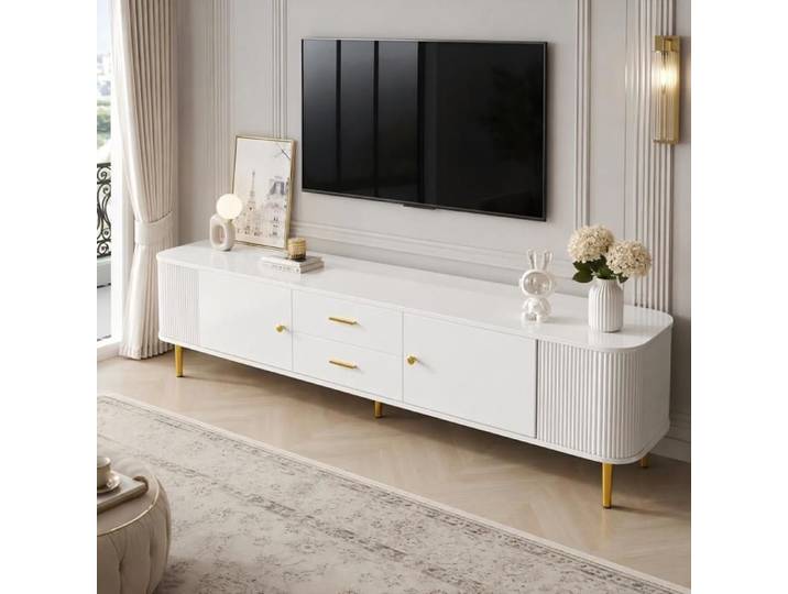 Meuble TV 170 cm pour TV 70-79 Pouces COZHYESS Meuble Bas 2 Tiroirs 2 Portes Côtés Ondulés Détails Dorés - Blanc