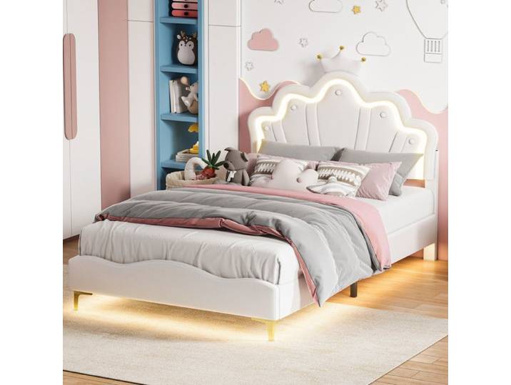 Lit 140x190cm - Lit Enfant 140x190 avec Sommier - Cadre de Lit Rembourré 140x190cm avec Tête de Lit Couronne LED RGB - Blanc