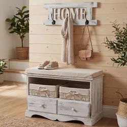Garderobe mit Sitzbank Kommode mit 2 Körben 42x62x33cm, Shabby-Look, Vintage ~ weiß