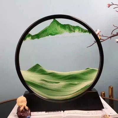 Uplift Picks 3D Moving Sand Art Picture Round Glass Flowing Sandscape Frame Desk Home Decor green