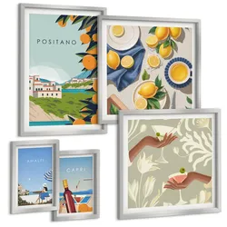 BILDER SET 5er Set - 50x50 cm & 20x30 cm & 40x60 cm Silberner Rahmen - Fruchtmuster und italienische Kultur