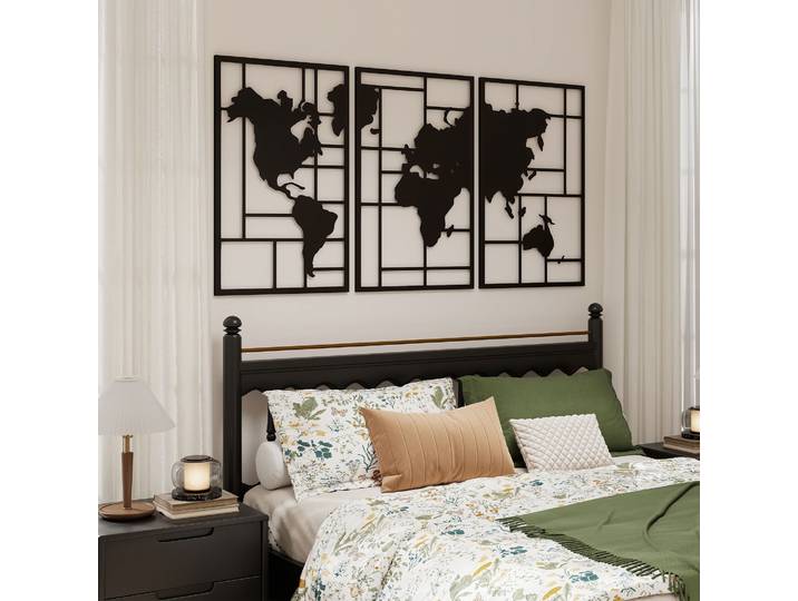 HOMCOM Décoration Murale Carte du Monde Métal Noir 3 Pièces