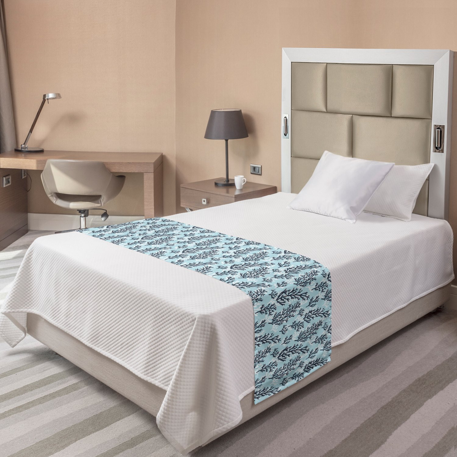 ABAKUHAUS Bedloper Lichtblauw met Handgetekend Oceaanpatroon, Twin