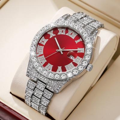 Fusion Finds Luxury Men's Quartz Watch With Steel Band, Calendar Display & Diamond Style Business Design silver Red
