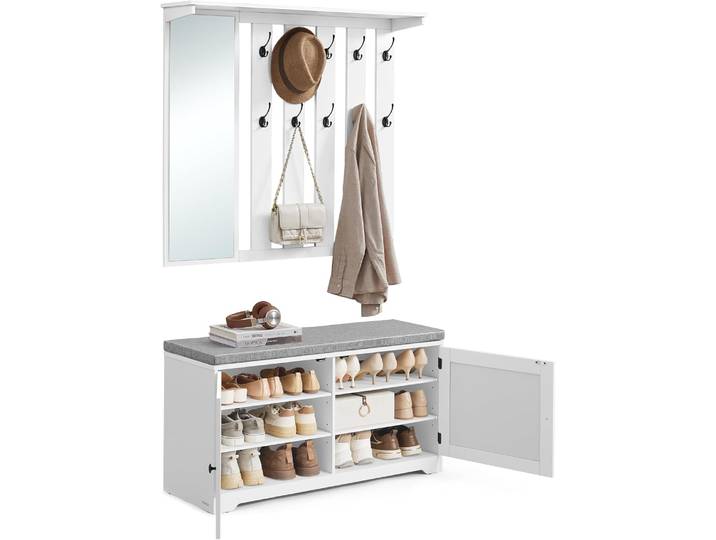 Schuhbank Set mit Spiegel Garderobe Haken Sitzpolster weiss