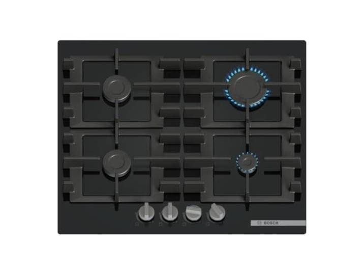 Bosch PNP6B6K40 Serie 4 Gasherd, 60 cm, gehärtetes Glas, Schwarz Gaskochfeld mit präziser Flammenkontrolle, spülmaschinenfeste Gusseisen-Grillroste Made in Europe