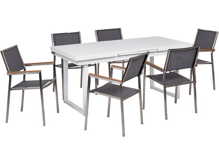 BELIANI Gartenmöbel-Set, weiß/grau Aluminium, Edelstahl, Ausziehbarer Esstisch, 6 Sitzer, Outdoor-Möbel, modern