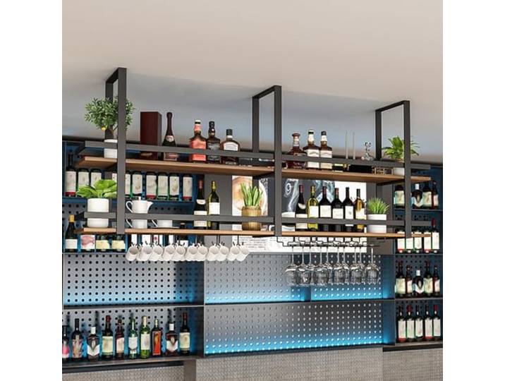 Deckenregal Weinregal - Decken Regal Hängend Weinglasregal aus Metall, 2-lagiger industrieller hängender Weinflaschenhalter mit Glasablage für Stielgläser, für Bar Café Küche (Schwarz, 160×30×80cm)