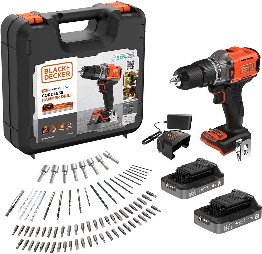 Black & Decker Taladro Percutor 18V + portabrocas, 80 accesorios, cargador y maletín. Naranja / Negro