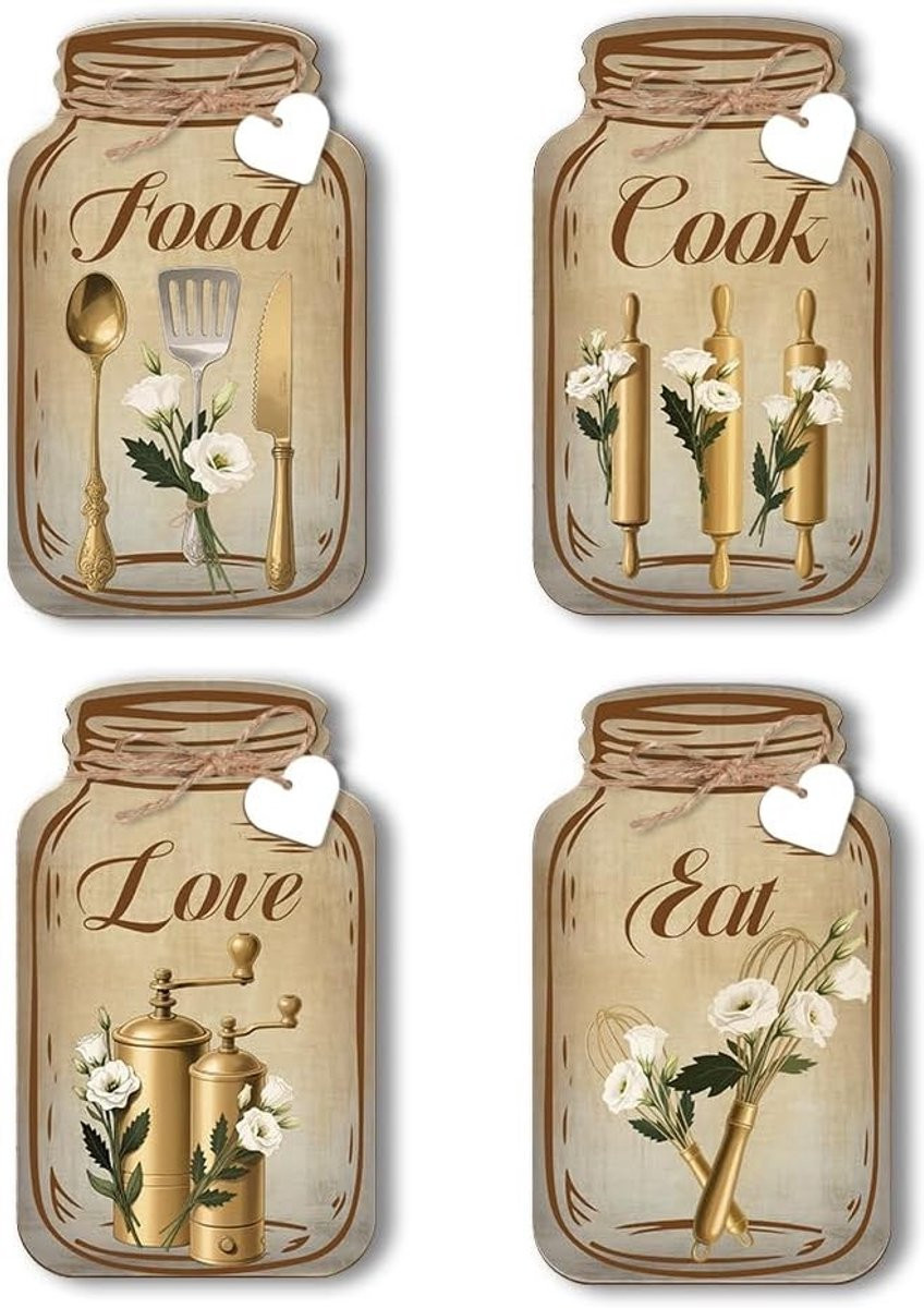 4 Stuks Houten Wanddecoratie Eten Koken en Liefde Landelijke Wandplaten voor Keuken en Eetkamer