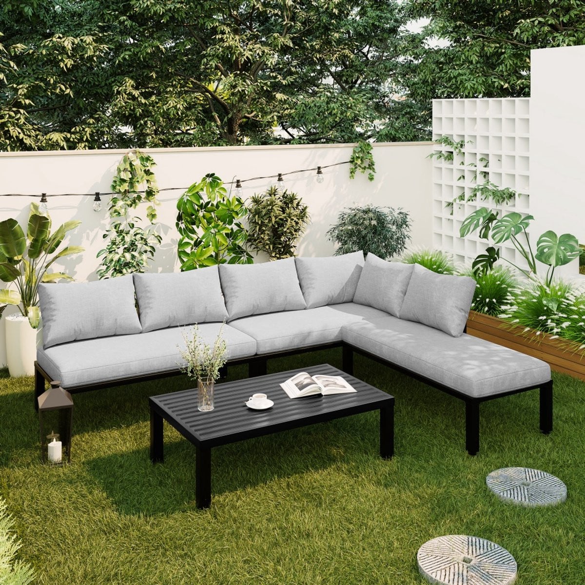 Moderne tuinmeubelset van gepoedercoat staal met 6 zitplaatsen in grijs
