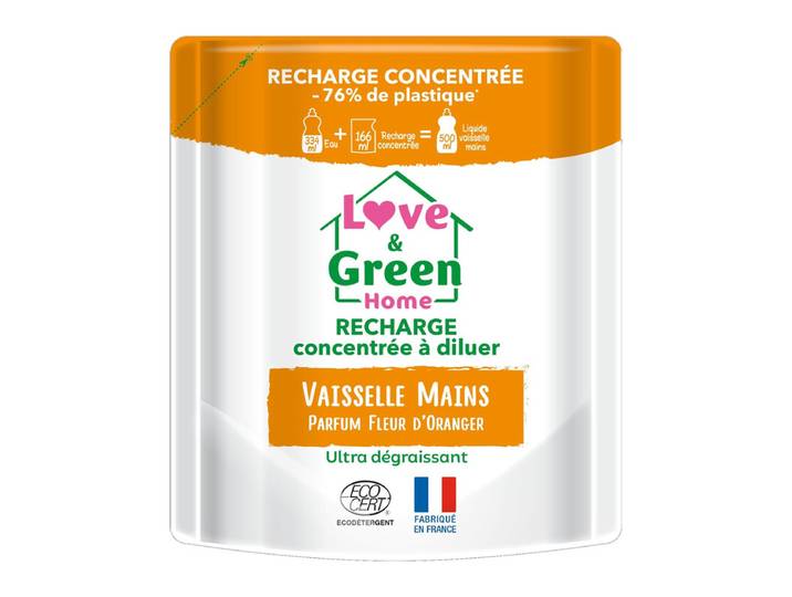 LOVE&GREEN Recharge à diluer de liquide vaisselle Fleur d'oranger - 166ml