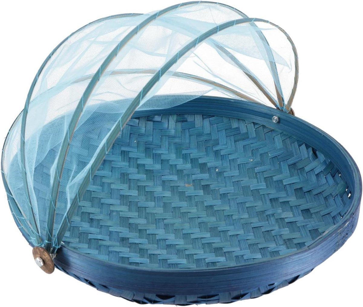 Lichtblauwe Fruitmand met Deksel - Handgemaakte Rotan Vliegenbescherming - Diameter: 35 cm