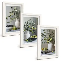 BILDER SET 3er Set - 20x30 cm Weißer Rahmen - Oliven in grauen Vasen