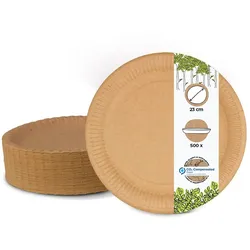 BIOZOYG 500 Stück Einwegteller 23cm Pappteller rund, braun, Partygeschirr, Einweggeschirr, Wegwerfteller, kompostierbar, biologisch abbaubar
