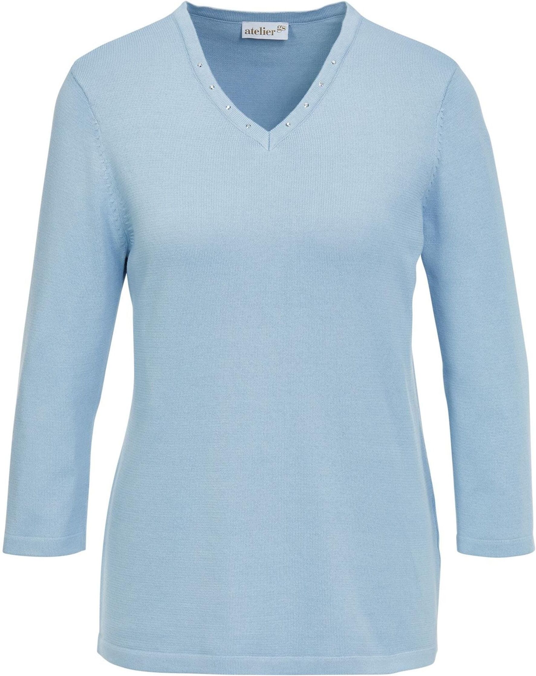 Rundhalspullover GOLDNER "Pullover in hochwertiger Qualität", Damen, Gr. 46, blau (himmelblau), Obermaterial: 100% Baumwolle CO., V-Ausschnitt, weit normales Bündchen, Pullover Rundhalspullover, Glitzersteine am V-Ausschnitt