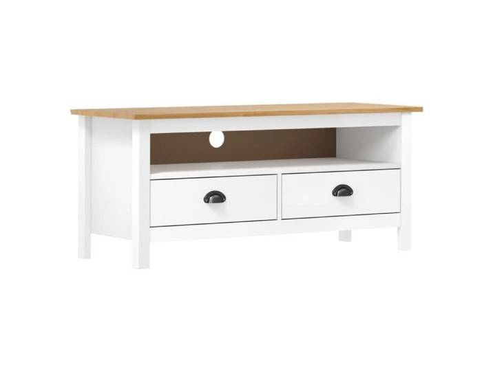 Meuble TV en bois massif Hill Range Blanc 110x40x47cm - HI-FI UNIT - 2 tiroirs et 1 compartiment