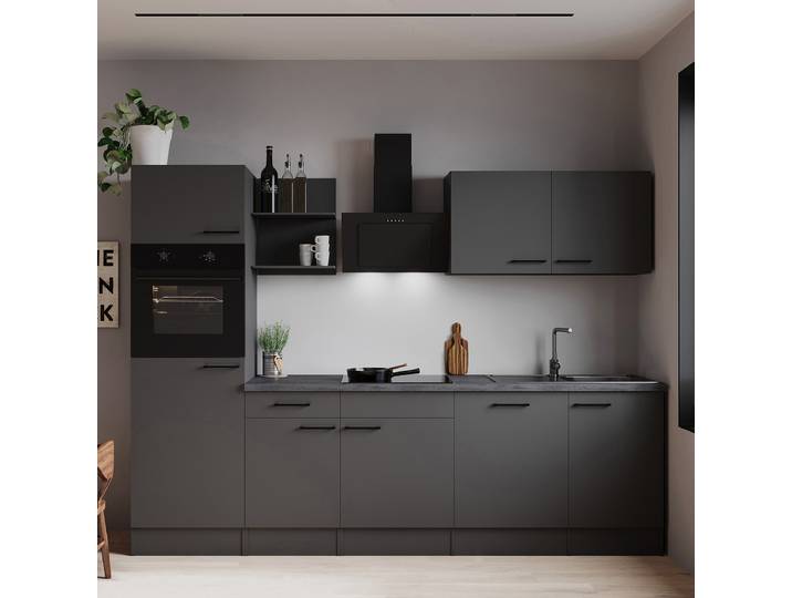 Autarke Küchenzeile Oliver 280 cm 280 x 205 x 60cm Grau/Matt Grau mit Kühlschrank
