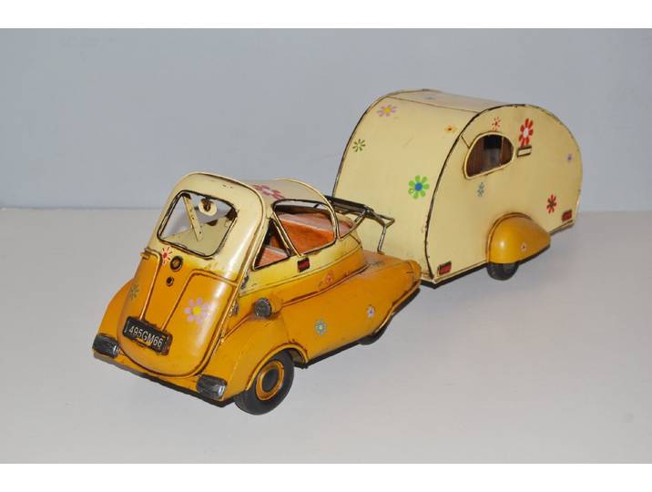 JS GartenDeko Modellauto Blechauto Oldtimer Automarke BMW Isetta Modell Wohnwagen L 53 cm