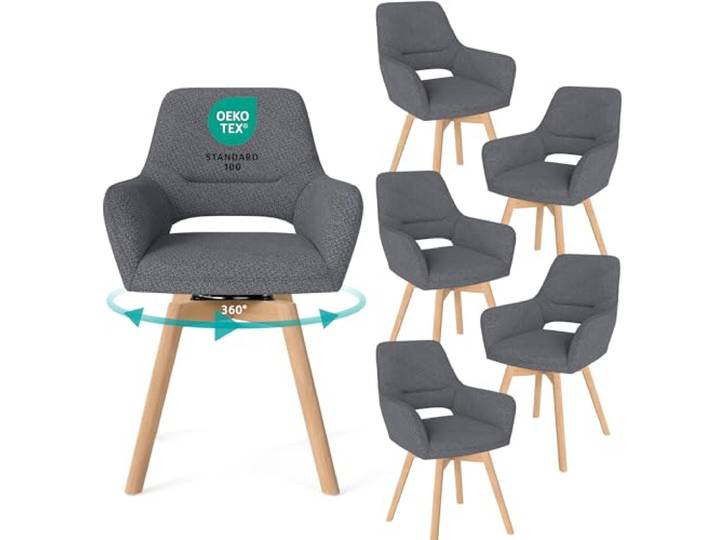 WAFTING 360° Esszimmerstühle Drehbar 6er Set mit Armlehnen, Buchenbeinen Polsterstühle, Drehstuhl Esszimmer, Küchenstuhl Drehbar, für Wohnzimmer, Schlafzimmer, Arbeitszimmer, Dunkelgrau