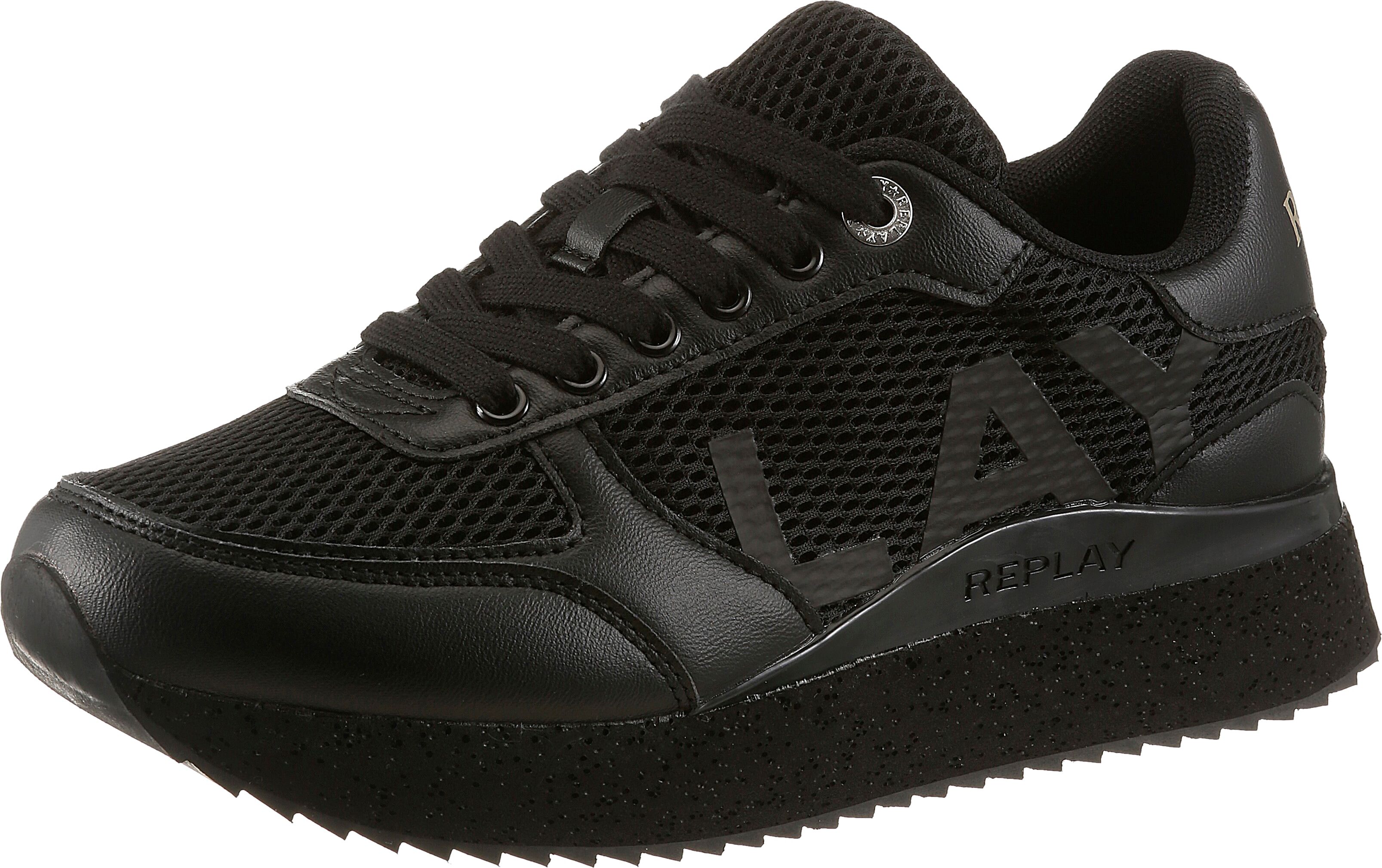 Plateausneaker REPLAY, Damen, Gr. 38, Textil, schwarz, Lederimitat, Textil, unifarben, Schuhe Plateausneaker, Trend-Sneaker, Freizeitschuh, Halbschuh mit Logoschriftzug seitlich schwarz 38, Textil
