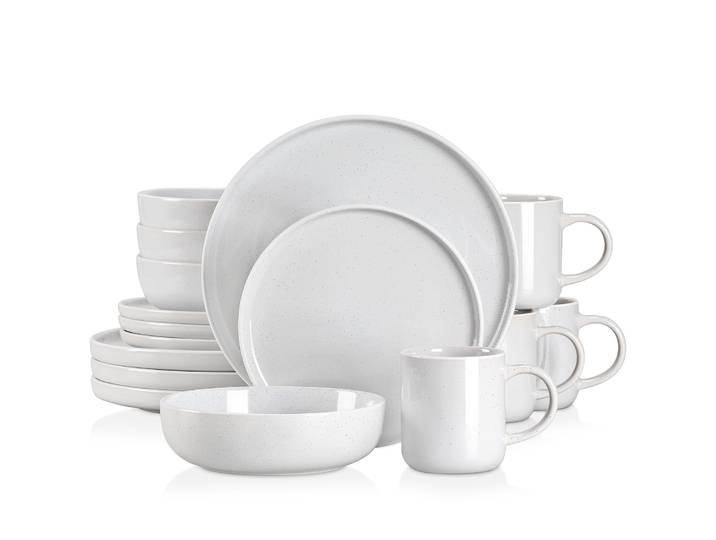 Service de table en grès gris clair Vancasso 16/32 pièces, finition émail sésame, avec 4 assiettes à dîner/dessert, bols à soupe et tasses