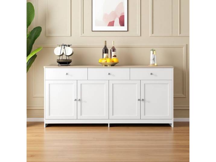 Buffet en Bois Blanc Buffet Cuisine Meuble de Rangement Multifonctionnel avec 3 Tiroirs et 4 Portes Armoire de Cuisine 160x37x75