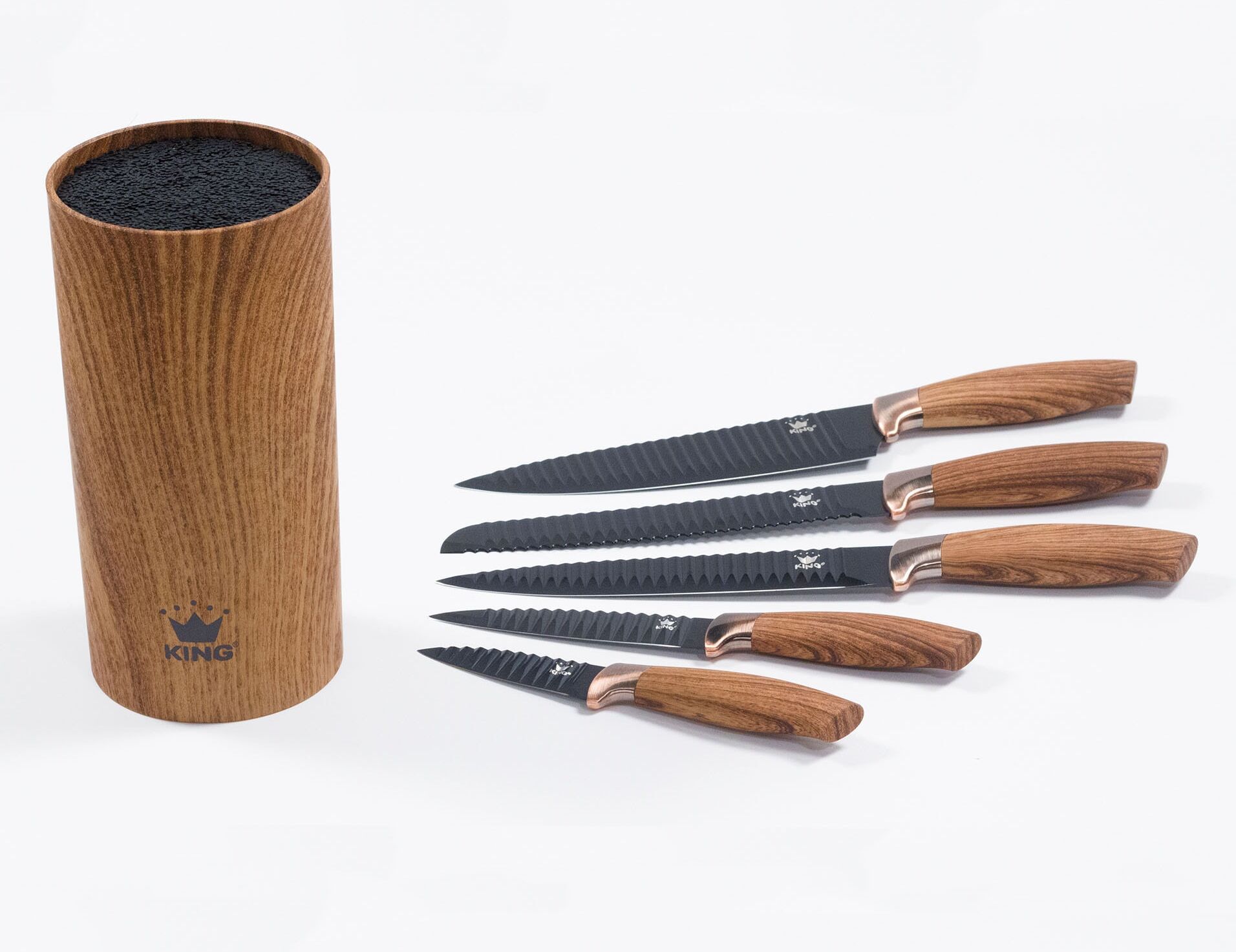 Messerblock KING "Essential", braun (holzfarben, schwarz), Messerblöcke, Messerblock, Messer mit Wellenschliff, Griffe in Holzoptik, (5 Messer+ Messerblock)