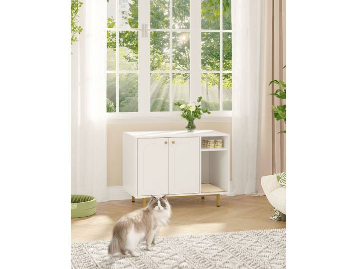 Armoire pour chat, armoire à bac à litière pour chat, maison pour chat avec porte et séparateur séparé, armoire robuste pour chat, banc, blanc et or