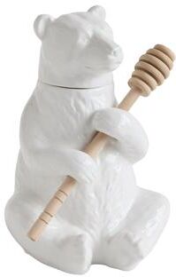 Storied Home White Bear Shaped Honey Pot with Lid & Bamboo Dipper (Set of 2 Pieces)