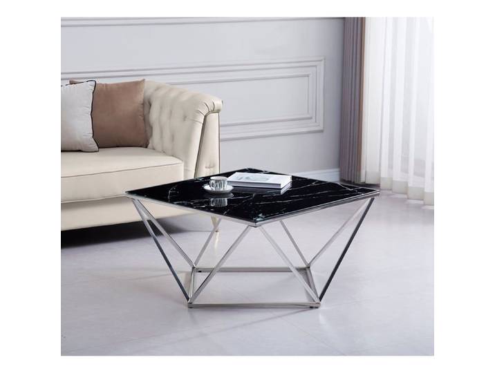 Table Basse ALINA Chrome plateau en verre trempé 80x80x45 cm - Marbré noir