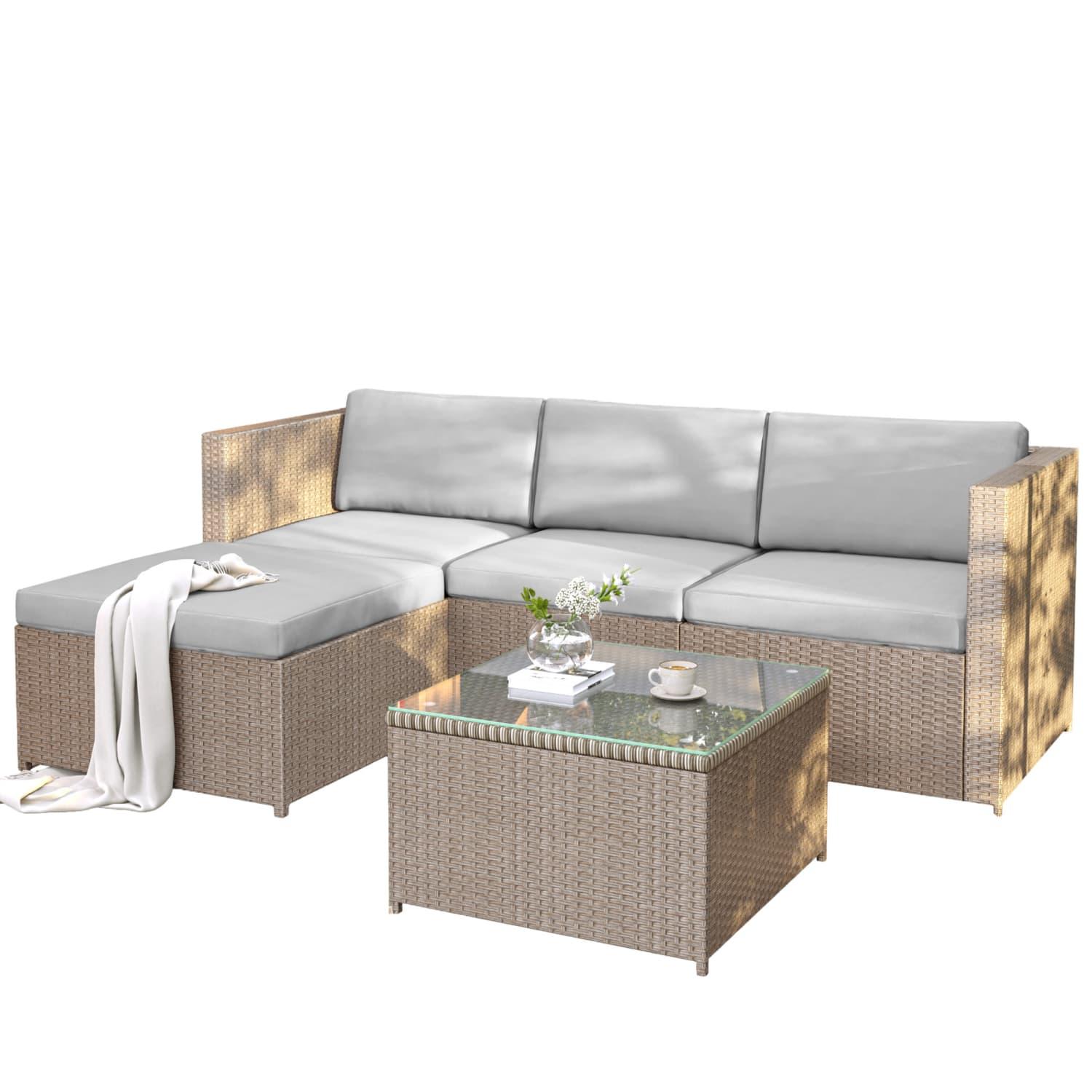 Polyrattan Lounge-Sofagarnitur, Lounge-Gartenmöbel, Ecksofa, Couchgarnitur mit Sitz- und Rückenkissen, Lounge-Tisch mit Glasplatte, khaki
