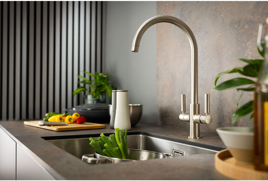 Abode Designs Globe Aquifier Twin Lever Water Filter Monobloc Tap Brushed Nickel 21.6cm