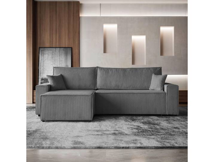 Ecksofa HEKTOR L-Form mit Schlaffunktion und Bettkasten, Couch in Grau, Ottomane 70 cm