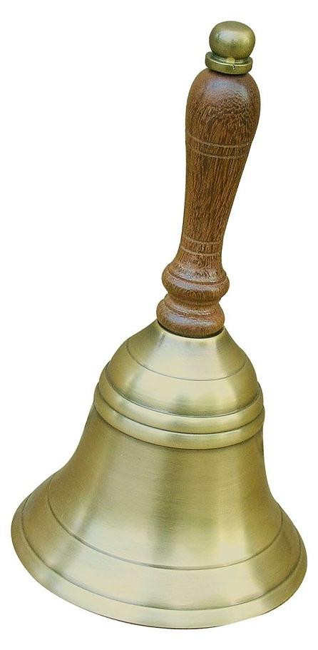 Antieke koperen handbel met houten handvat, Hoogte: 17 cm
