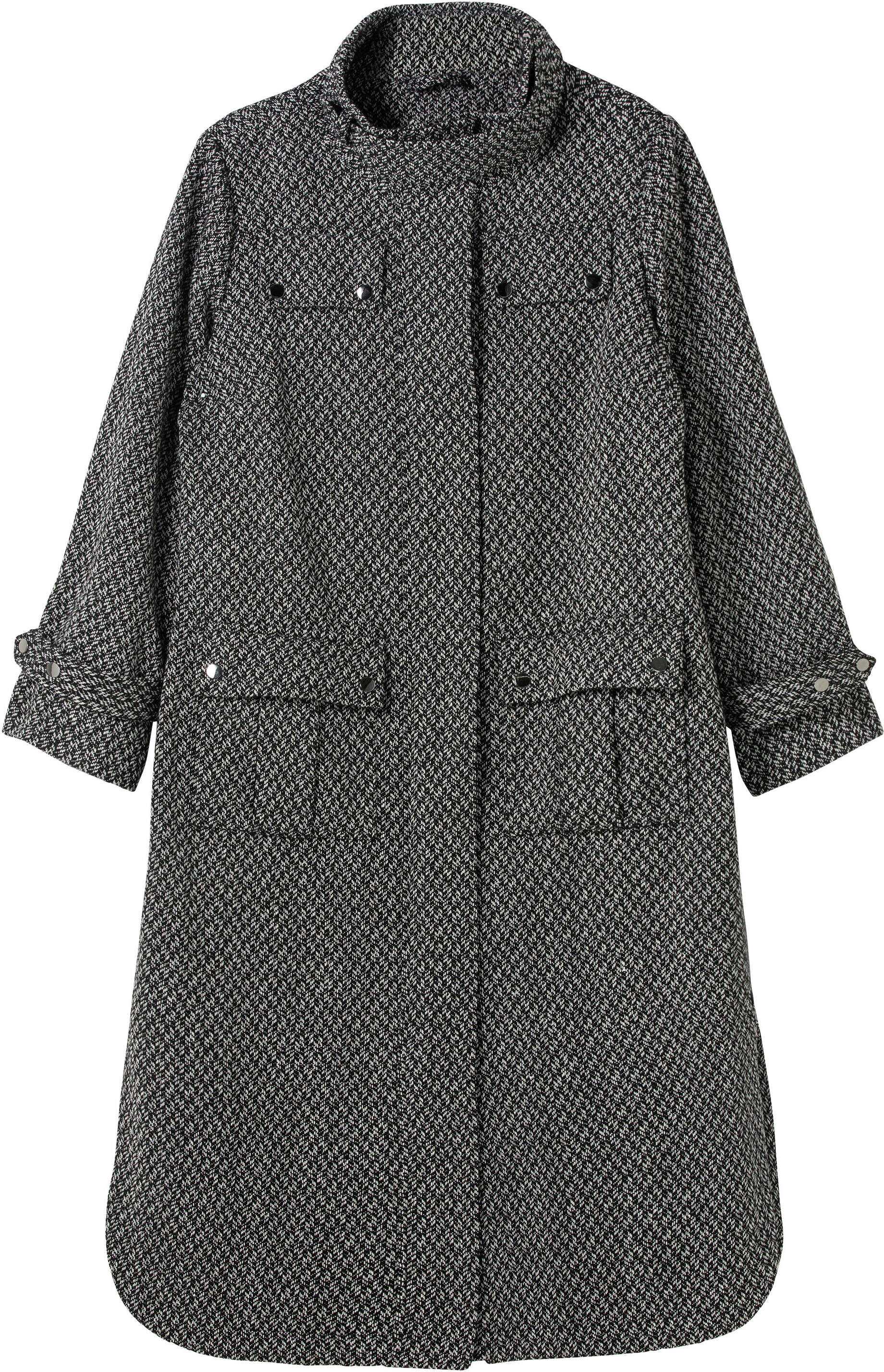 Langjacke SHEEGO "Trenchcoat Mantel im Cargo-Stil", Damen, Gr. 42, schwarz, weiß, Modisch, Jacken Langjacke