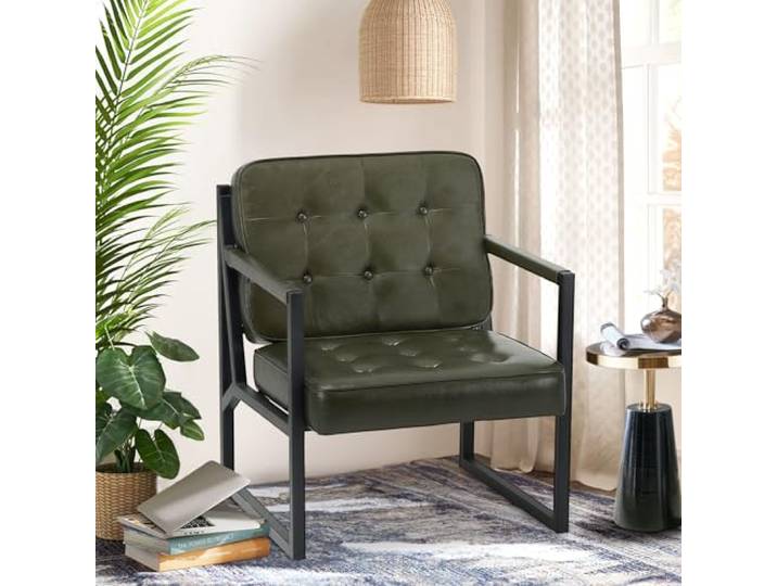 COLAMY Ohrensessel Sessel Wohnzimmer, Leder Accent Chair, Mid Century Sessel für Wohnzimmer, Modern Kunstleder Empfangssessel mit Metallbeinen für Schlafzimmer Empfangsraum Wartezimmer, Grün
