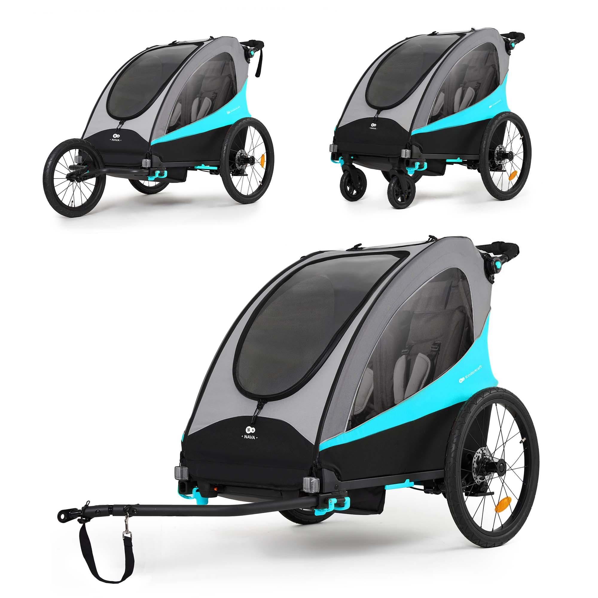 Kinderkraft NAVA 3in1 - Fahrradanhänger, Jogger & Buggy bis 60 kg, luftbereift, gefedert, faltbar, für 1-2 Kinder, Blau