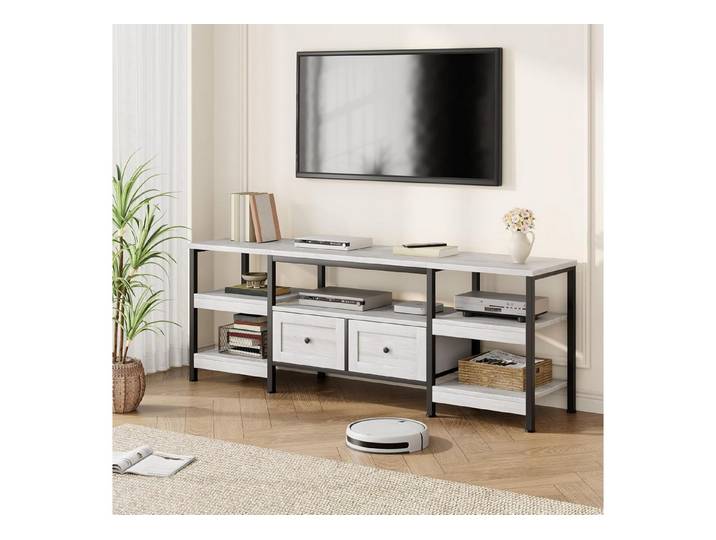 GarveeMore TV-Schrank TV-Stand, mit 2 Schubladen und offenen Aufbewahrungsregalen