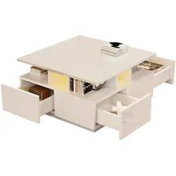 OKWISH Couchtisch 70x70x40 cm Weiß mit LED-Beleuchtung App Steuerung 4 Schubladen Hochglanz Würfelform 3 Schichten für Wohnzimmer