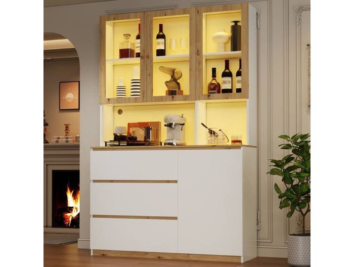 Vitrine haute - LEMONBEST - 120×40×200 cm - LED multicolore - 3 tiroirs - 4 portes vitrées