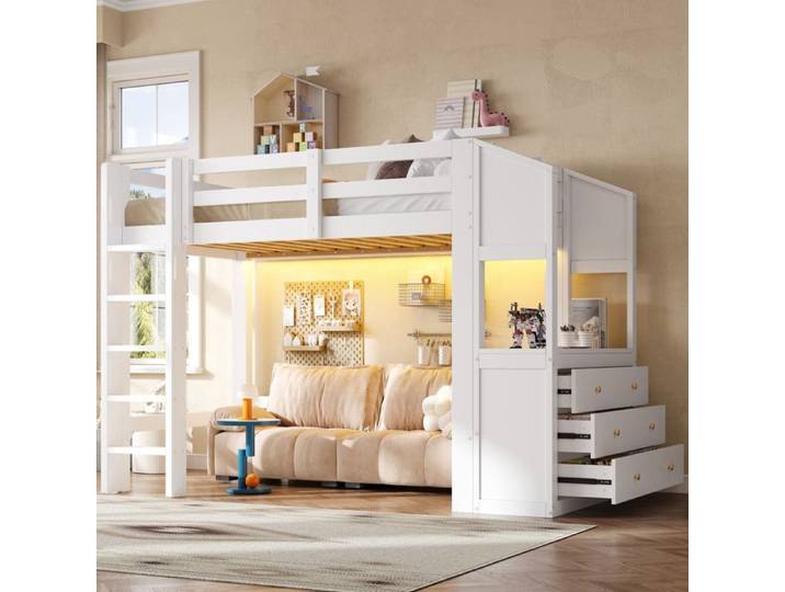 WUVRIE Lit mezzanine 90 x 200 cm blanc avec 3 tiroirs rangements et éclairage LED