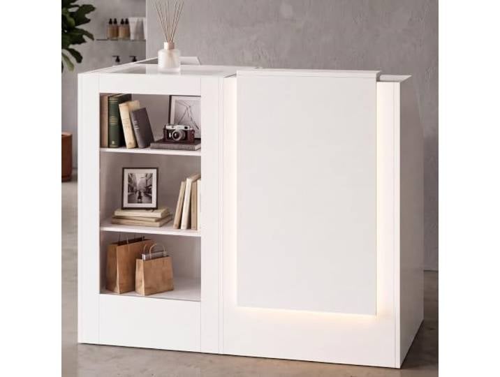 Empfangstheke, 3-in-1-Empfangstresen mit Glasvitrine,LED-Beleuchtung & Aufbewahrungsschrank, moderner Empfangstresen mit verstellbaren Einlegeböden für Büro, Einzelhandel, Salon (120 x 48 x 103 cm)
